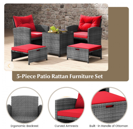 5 Piece Patio Rattan Furniture with 2 Ottomans and Tempered Glass Coffee Table-RED (Fully Assembled)