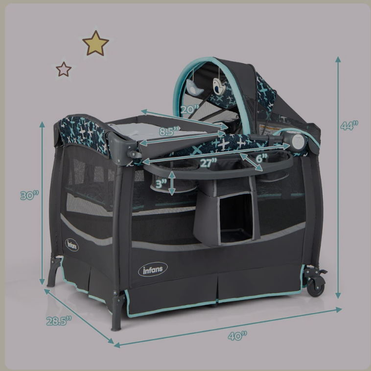 4 in 1 Portable Baby Crib with Flip-Away Changing Table, Foldable Playard Bassinet Nursery Center