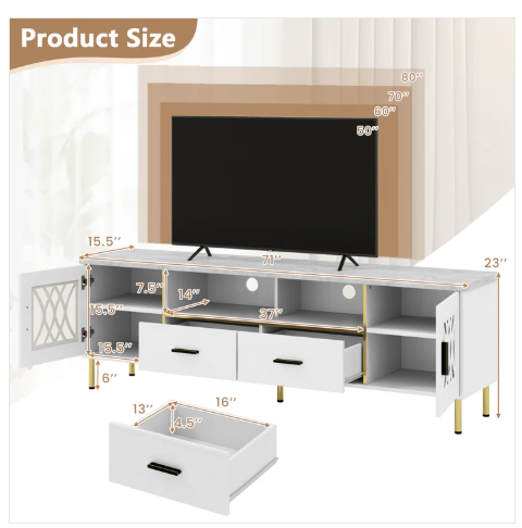71 Inch TV Stand with Glass Doors for 80 Inch TVs-White-Scratch and Dent - (Fully Assembled)