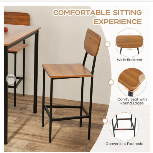 5-Piece Counter-Height Dining Bar Table Set with 4 Bar Chairs-Walnut (Fully Assembled)