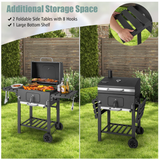 Outdoor BBQ Charcoal Grill with 2 Foldable Side Table and Wheels - Unassembled