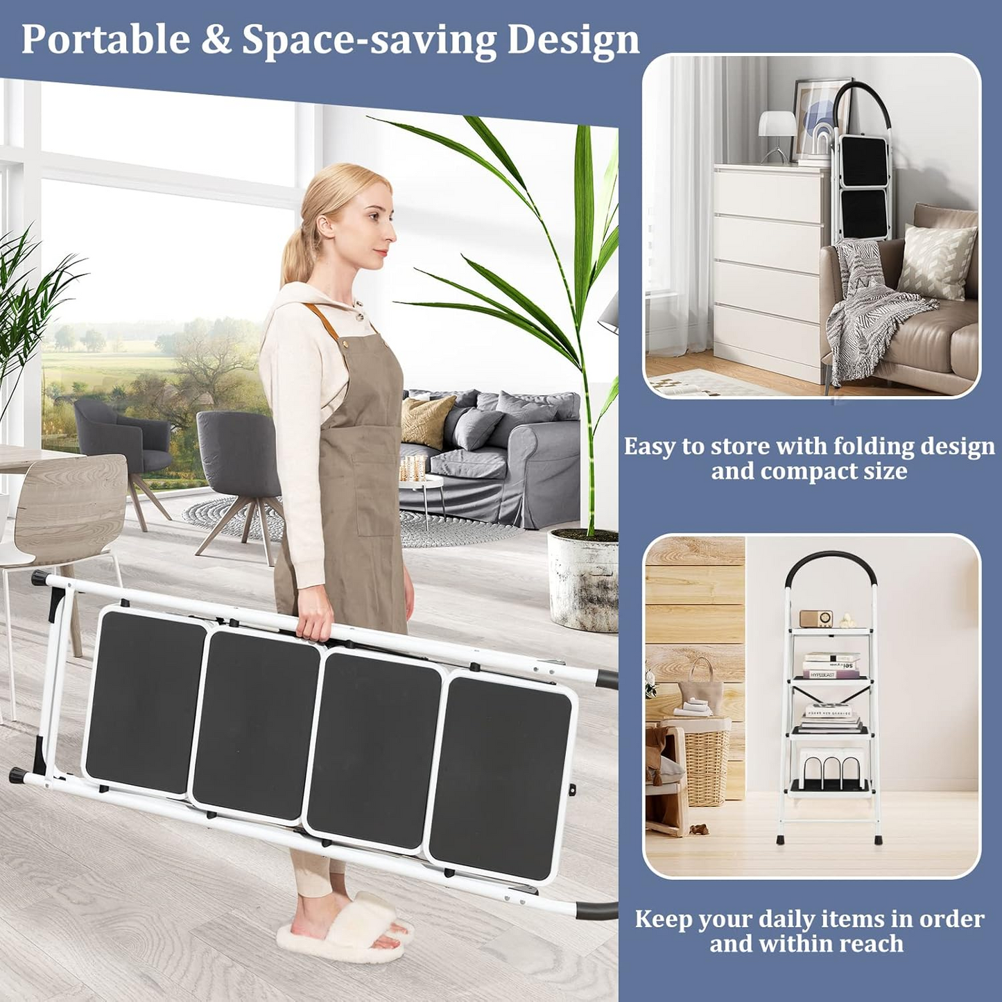 Goplus 4 Step Ladder, Folding Step Stool for Adults with Wide Non-Slip Pedal Comfort Handgrip for Kitchen Closet Office