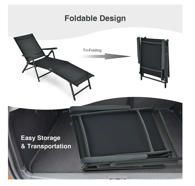 Patio Folding Chaise Lounge Chair Outdoor Portable Reclining Lounger Beach Black