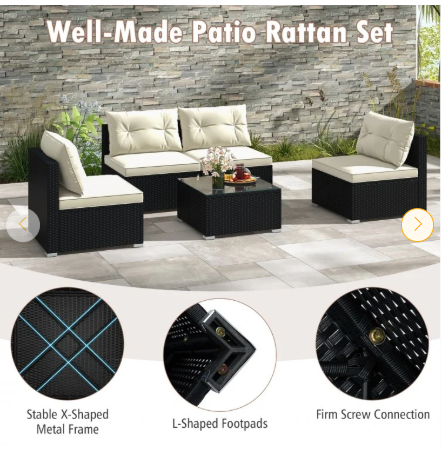 SPECIAL - 5 Piece Outdoor Furniture Set with Solid Tabletop and Soft Cushions-White (Assembled)