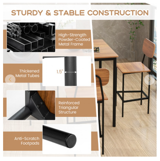 5-Piece Counter-Height Dining Bar Table Set with 4 Bar Chairs-Walnut (Fully Assembled)