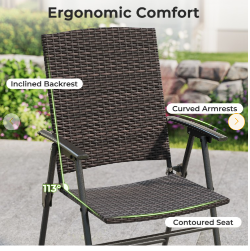 Set of 2 - Folding Patio Wicker Dining Chairs with Armrests and Metal Frame