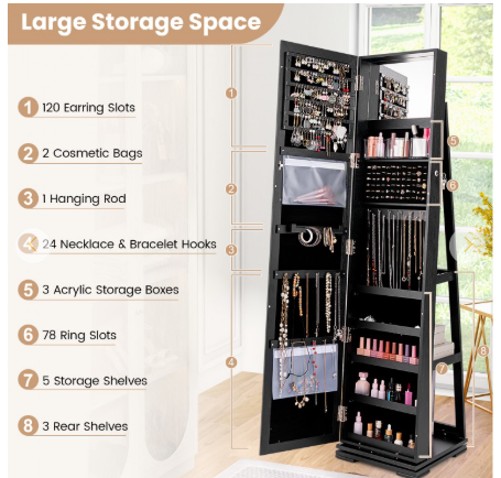 360° Rotatable 2-in-1 Lockable Jewelry Cabinet with Full-Length Mirror (Assembled)