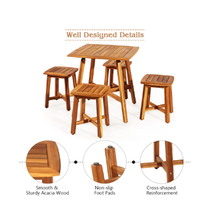 5PCS Acacia Patio Dining Set W/Square Table & 4 Stools Reddish Brown - (Scratch and Dent)