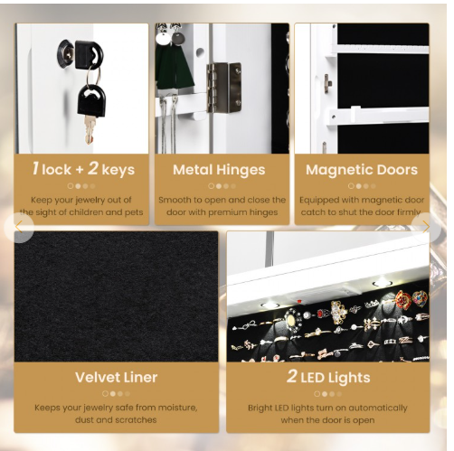 Lockable Wall Mount Mirrored Jewelry Cabinet with LED Lights-White