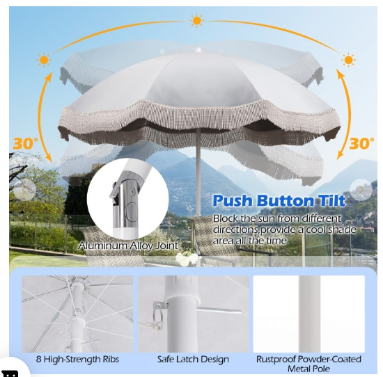 6.5 FT Beach Umbrella with Fringe Outdoor Tassel Umbrella with Push Button Tilt - Light Grey