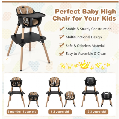 5-in-1 Baby Wooden Convertible High Chair - Black/Coffee