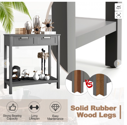 Narrow Console Table with Drawers and Open Storage Shelf-Grey