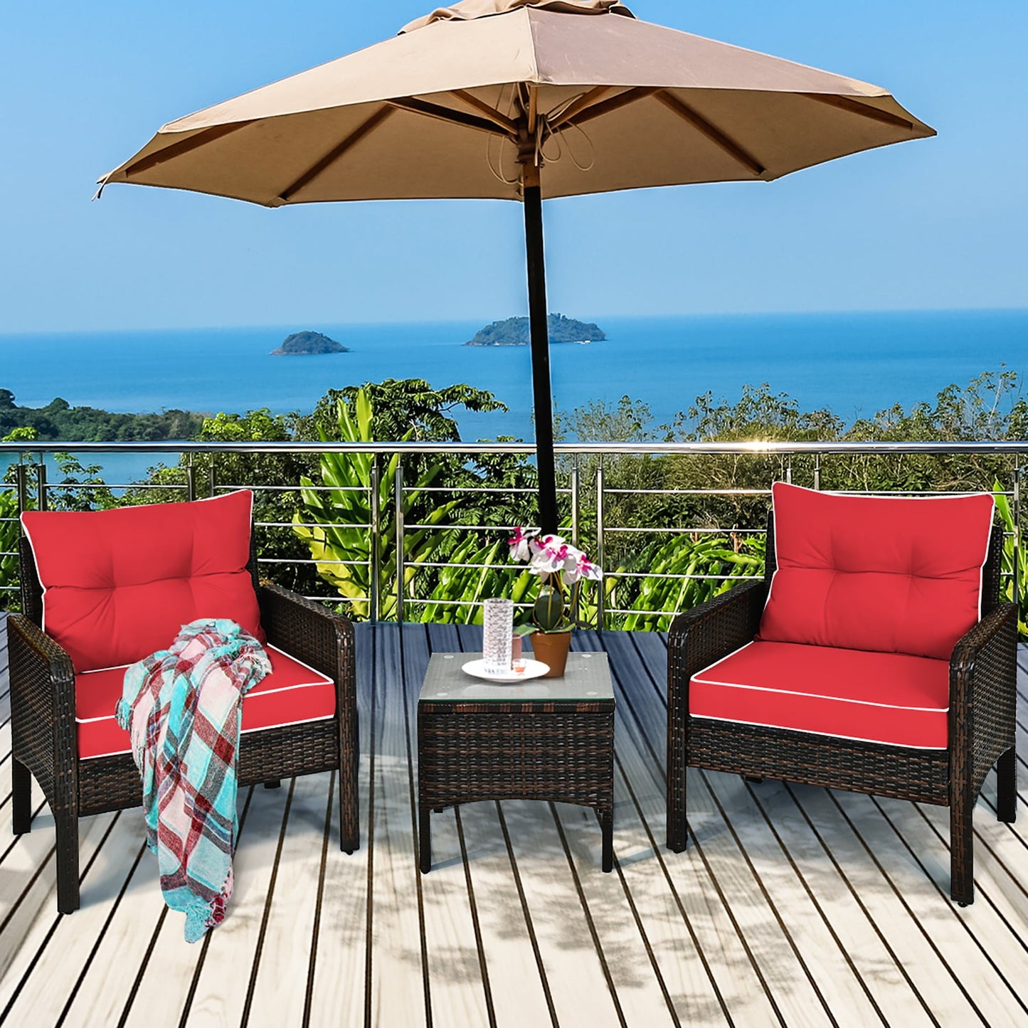 3-Pieces Wicker Patio Conversation Set with RED Cushions, Fully Assembled