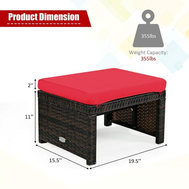 2PCS Patio Rattan Ottoman Cushioned Seat Foot Rest Furniture Red