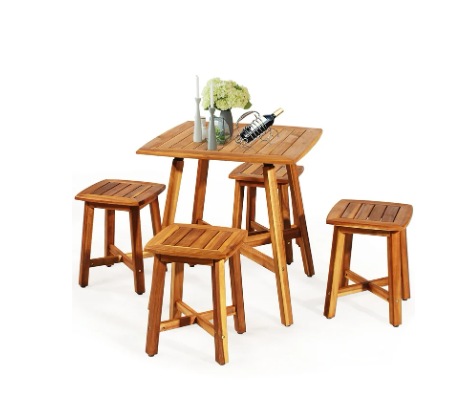 5PCS Acacia Patio Dining Set W/Square Table & 4 Stools Reddish Brown - (Scratch and Dent)