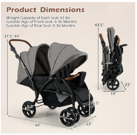 Foldable Lightweight Front Back Seats Double Baby Stroller - Grey