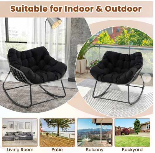 Outdoor Rocking Chair Oversized Patio PE Wicker Egg Chair with Cushion - Black