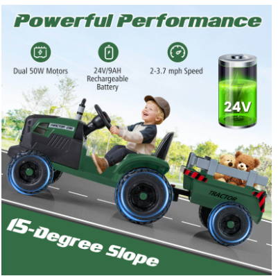 24V Ride On Tractor for Kids with Detachable Trailer-Dark Green (Customer Return)