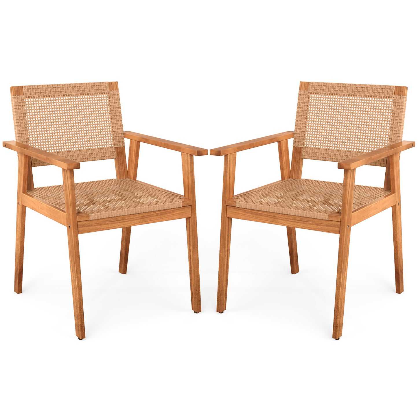 Set of 2, Acacia Wood Outdoor Dining Chairs with Backrests (Assembled)