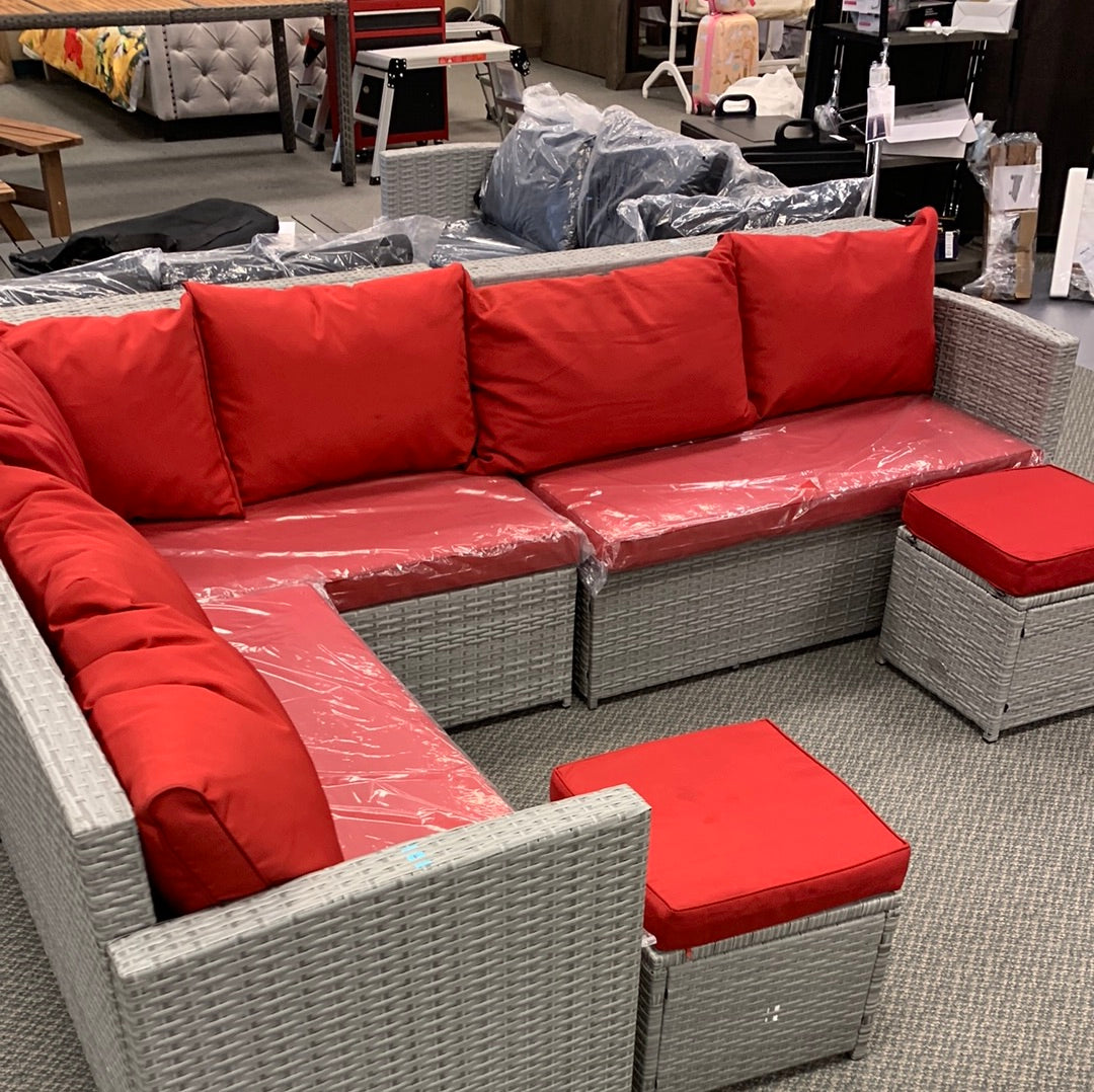 SPECIAL plus NO TAX, Sectional set with 2 stools, fully assembled, red cushions, grey wicker