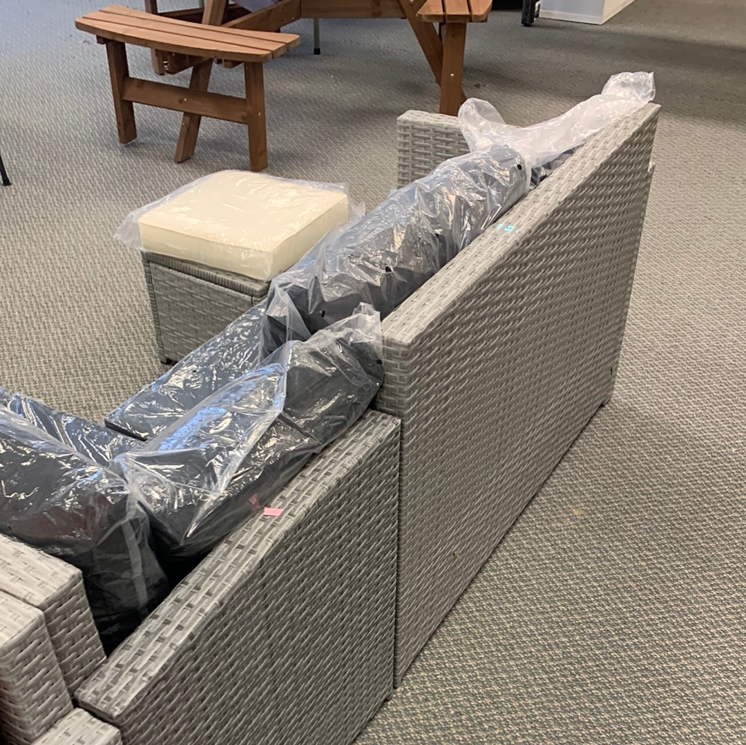SPECIAL plus NO TAX, Sectional set with 2 stools, fully assembled, black cushions, grey wicker