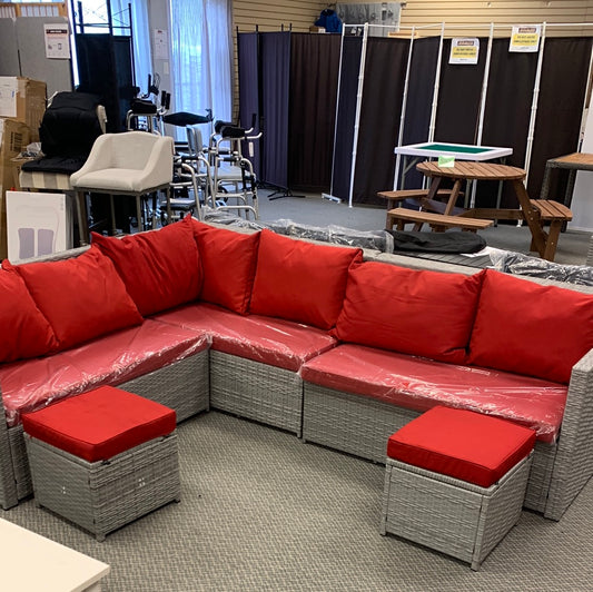SPECIAL plus NO TAX, Sectional set with 2 stools, fully assembled, red cushions, grey wicker