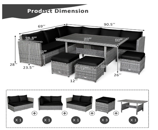 PatioJoy 7 PCS Patio Rattan Dining Set Sectional , Fully Assembled