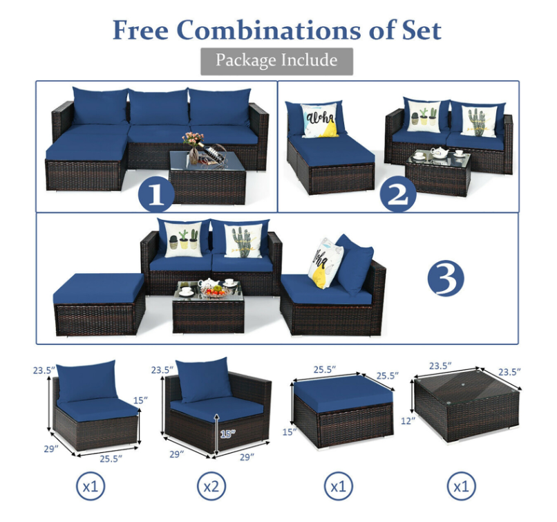 5PCS Patio Rattan Furniture Set Sectional Conversation Sofa w/ Coffee Table Navy, *FULLY ASSEMBLED*