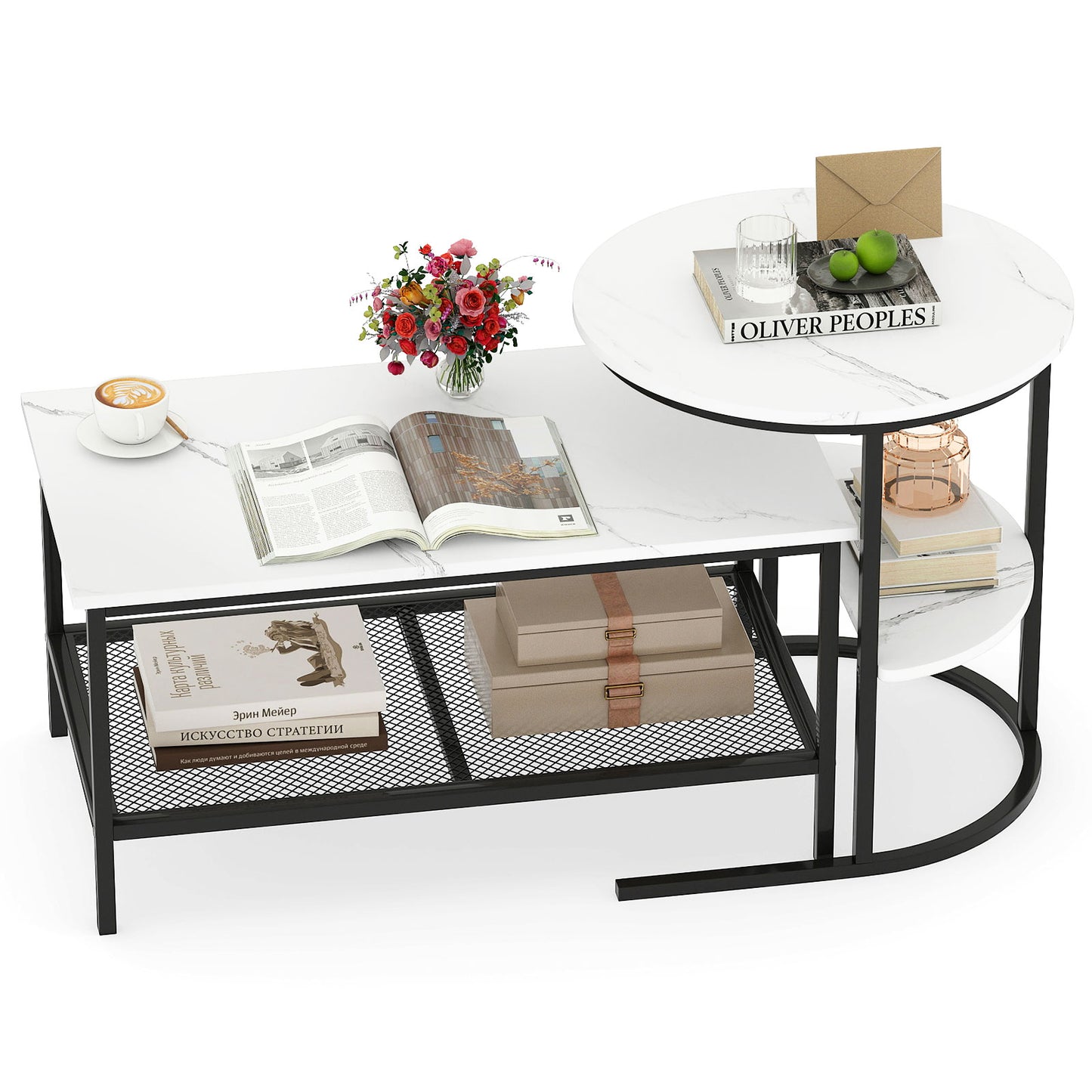 Coffee Table Set-2-Tier Rectangle Coffee Table and Side End Table with Storage Shelves