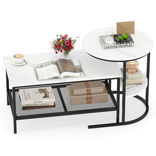Coffee Table Set-2-Tier Rectangle Coffee Table and Side End Table with Storage Shelves
