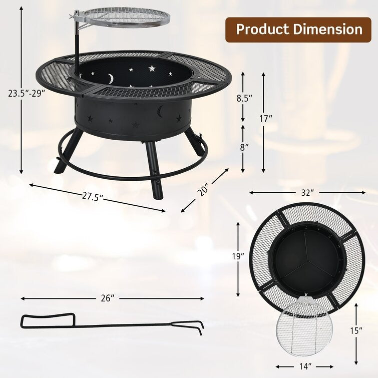 32'' Fire Pit 2-in-1 Outdoor Wood Burning Firepit Bowl W/ Cooking Grill