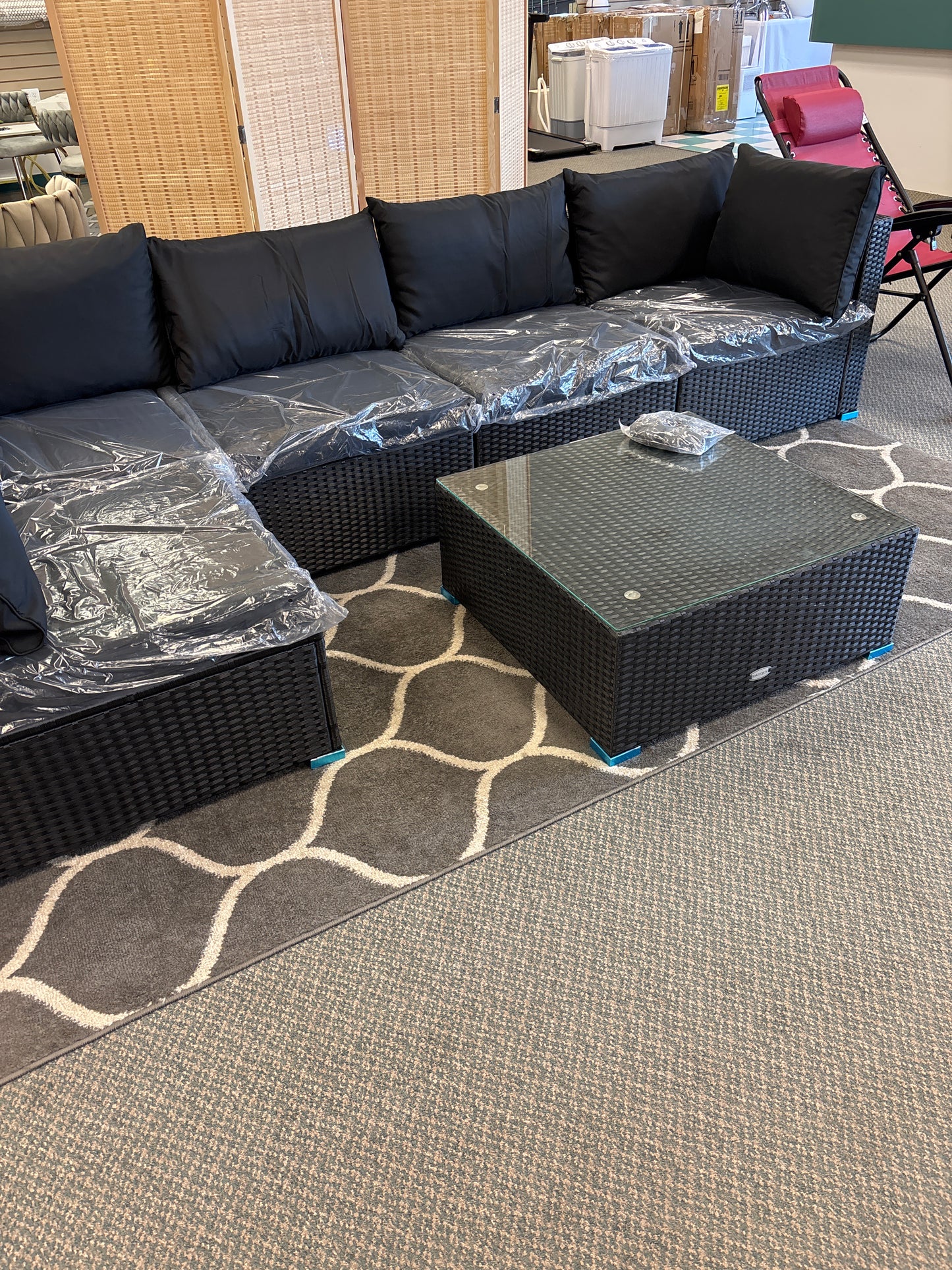 6 Pieces Patio Set with Mismatched Cushions and Glass Coffee Table- Fully Assembled