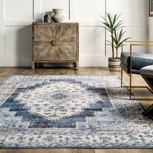 Eckles Oriental Medallion Power Loom Machine Washable Navy Rug - 6 X 9