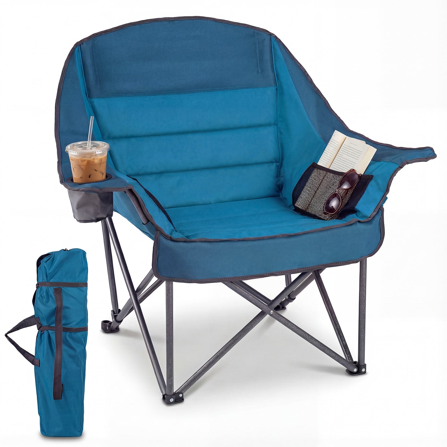 Folding Oversized Camping Chair with Side Pockets and Cup Holder-Blue