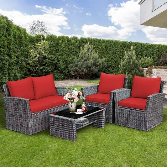 4 Pieces Patio Rattan Furniture Set, FULLY ASSEMBLED