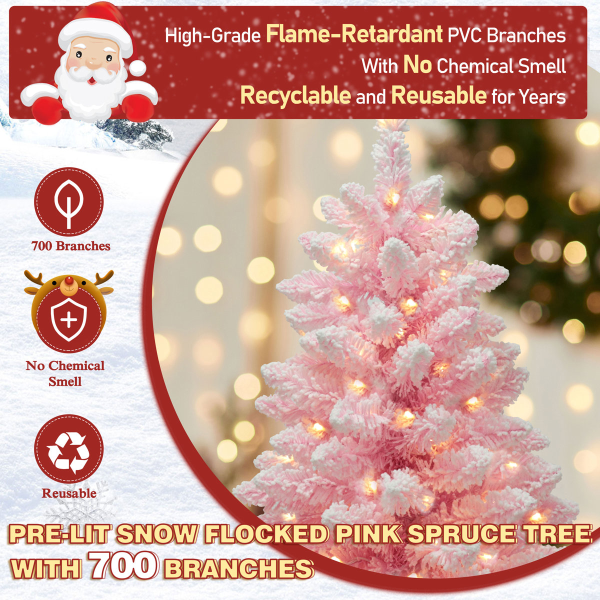 Irjat 6' Pre-Lit Snow Flocked Artificial Christmas Tree with Stand in Pink, ASSEMBLED, FINAL SALE
