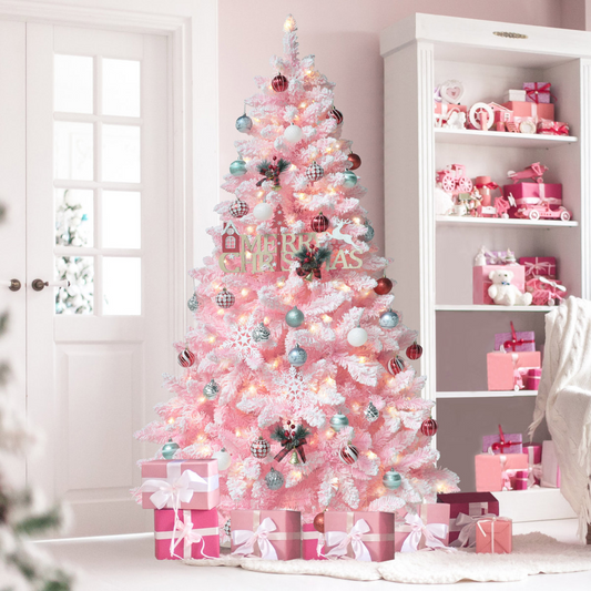 Irjat 6' Pre-Lit Snow Flocked Artificial Christmas Tree with Stand in Pink, ASSEMBLED, FINAL SALE
