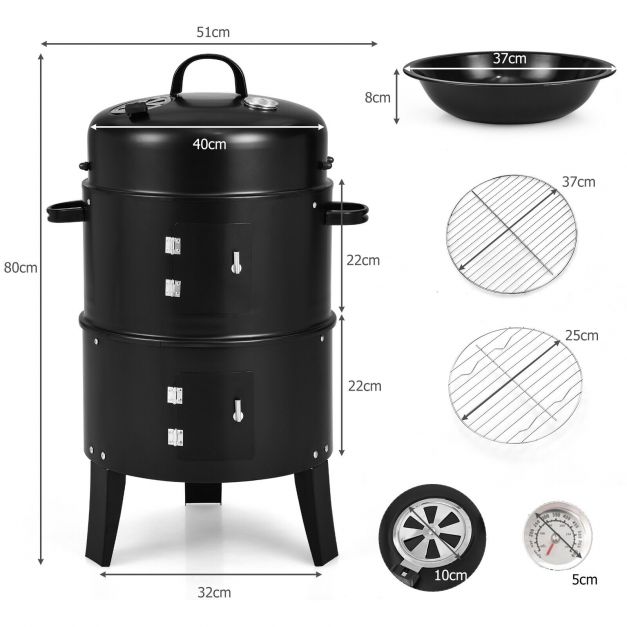 3-in-1 Charcoal Smoker Grill with Built-in Thermomete for Camping