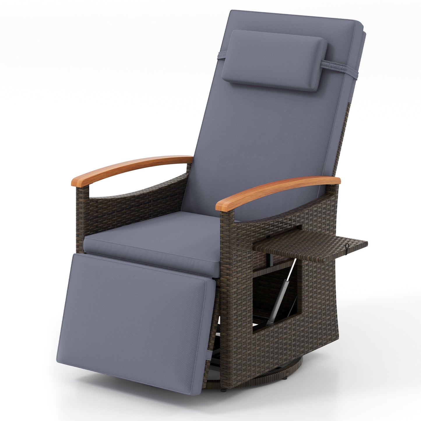 Patio Rattan 360° Swivel Recliner Chair with Adjustable Backrest and Footrest-Gray (Assembled)
