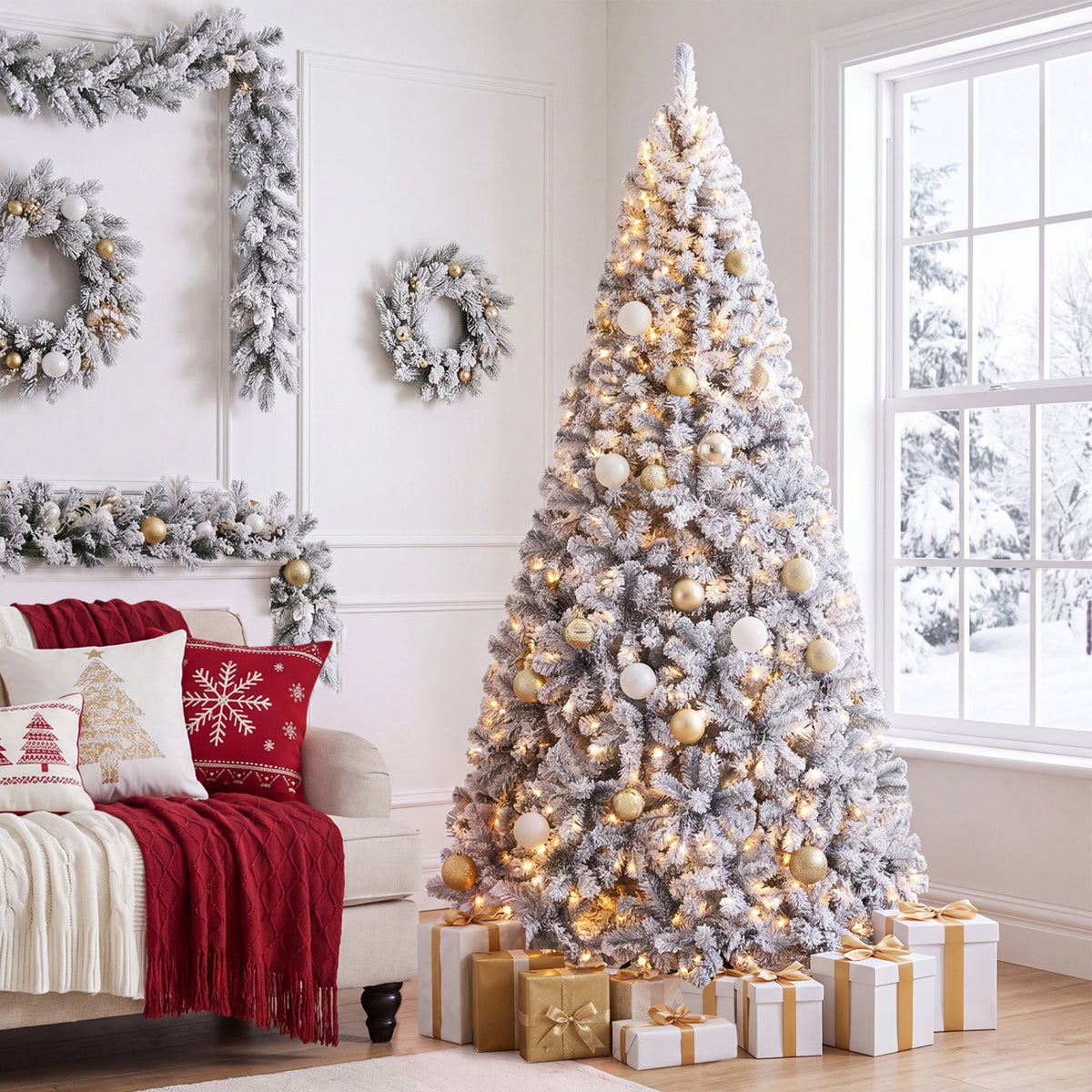 Pre-Lit Premium Snow Flocked Hinged Artificial Christmas Tree-7.5 ft - FINAL SALE
