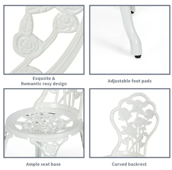 3PCS Cast Aluminum Patio Bistro, White, (Fully Assembled)