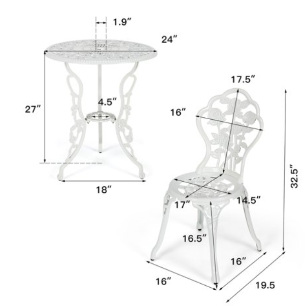 3PCS Cast Aluminum Patio Bistro, White, (Fully Assembled)