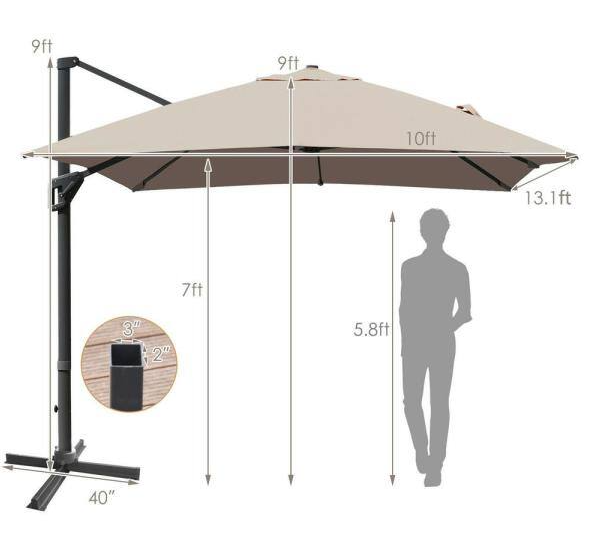10'x13' Patio Offset Cantilever Umbrella 360° Rotation Tilt, 1 box unassembled, grey, weighted base not included