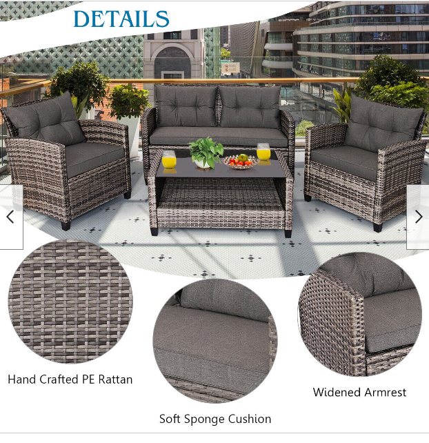 4PCS Patio Rattan Furniture Set Coffee Table Cushioned Sofa Garden Lawn Gray, 3 box unassembled