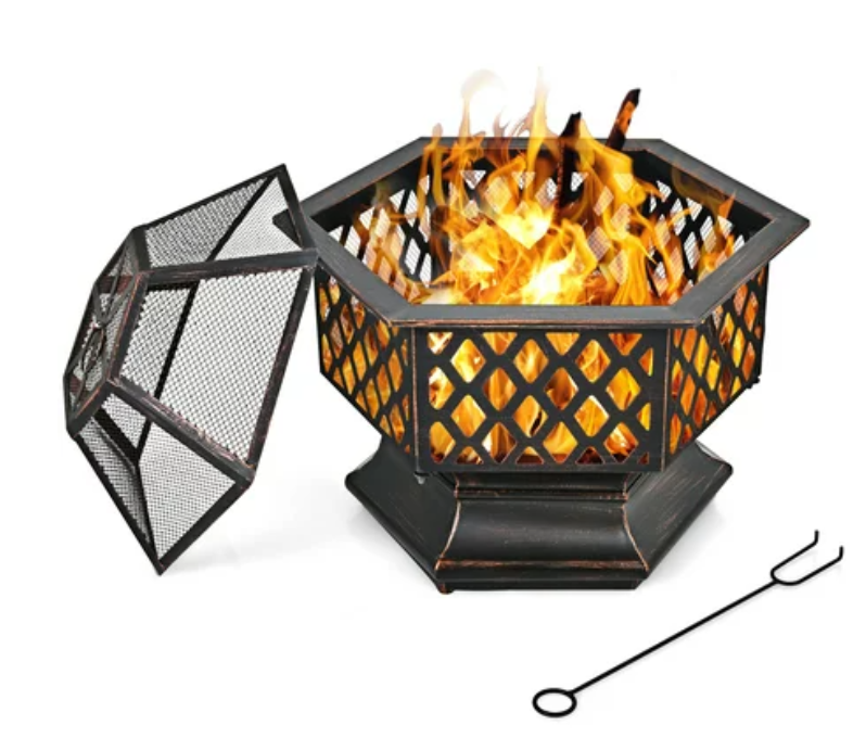 26" Outdoor Hex-shaped Fire Pit Wood Burning Bowl W/ Screen Cover and Poker