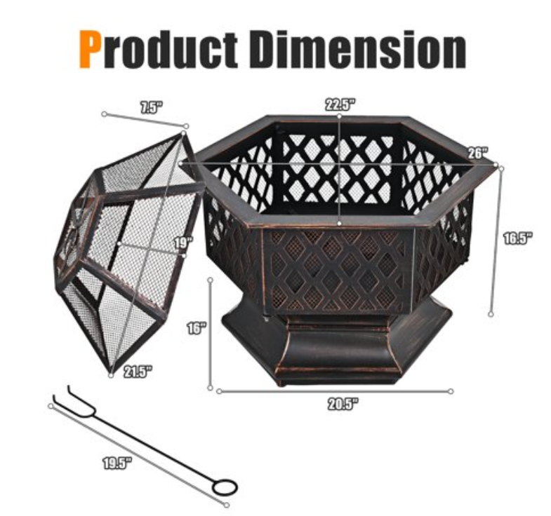 26" Outdoor Hex-shaped Fire Pit Wood Burning Bowl W/ Screen Cover and Poker