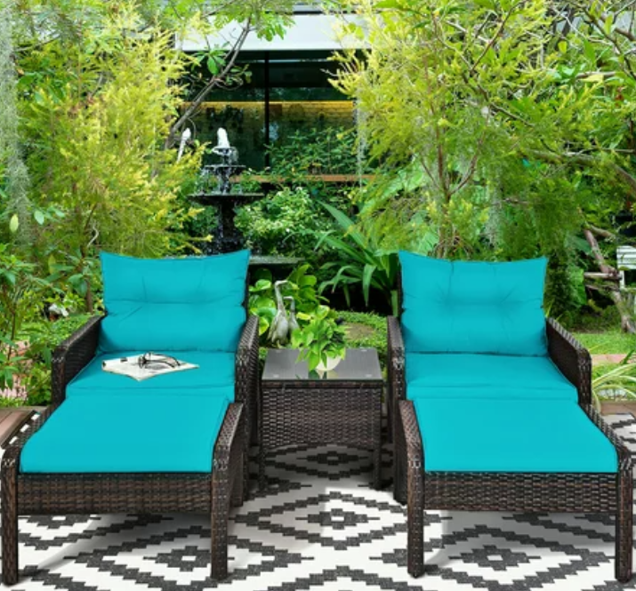 5 PCS Patio Rattan Furniture Set Sofa Ottoman Table Cushioned Turquoise. Fully Assembled