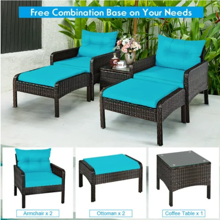 5 PCS Patio Rattan Furniture Set Sofa Ottoman Table Cushioned Turquoise. Fully Assembled