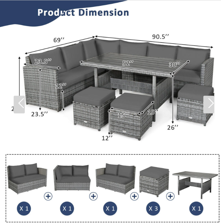 7 PCS Patio Rattan Dining Set Sectional Sofa Couch, Fully Assembled