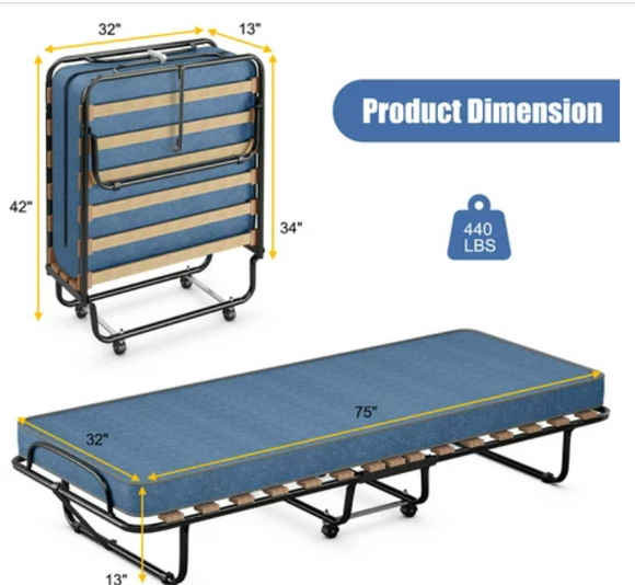 SPECIAL, Portable Folding Bed with Memory foam Mattress Rollaway Cot Blue,  Made in Italy